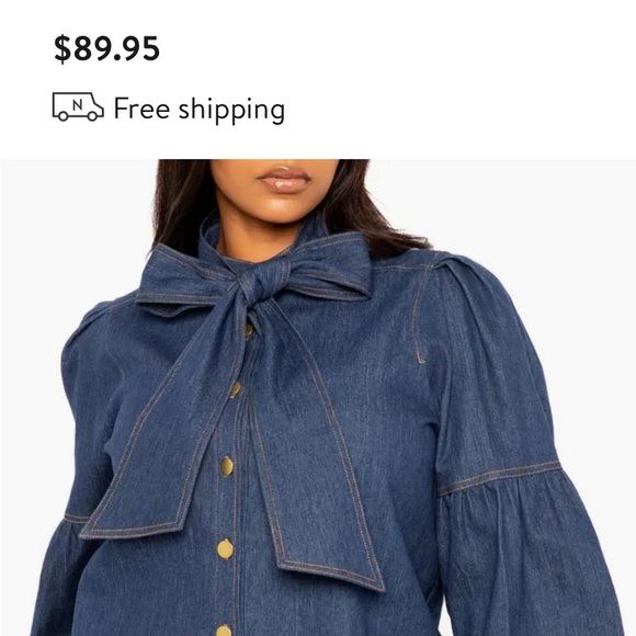 neck tie denim shirt with puff sleeves - Picture 4 of 4